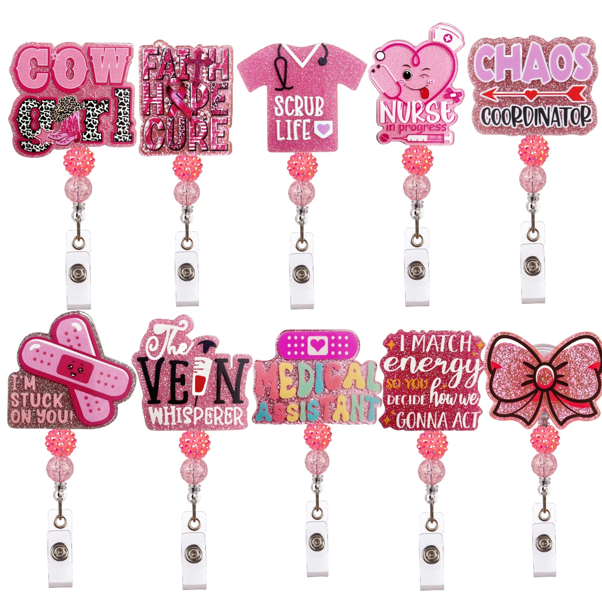 Wholesale Acrylic Glitter Medical Beaded Diamond Ball Bow Badge Reels Keychains