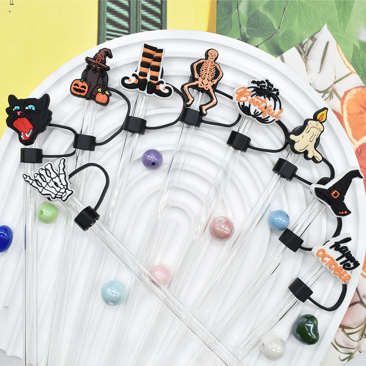 Wholesale Random 100pcs Halloween 10mm PVC Soft Straw Tube Cap ACC-SCR-RYY070