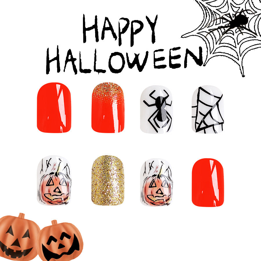 Wholesale 24 Pieces/box Halloween Pumpkin Orange Glitter Press-on Nails Kits Nail Stickers ACC-NS-GuaiXL072