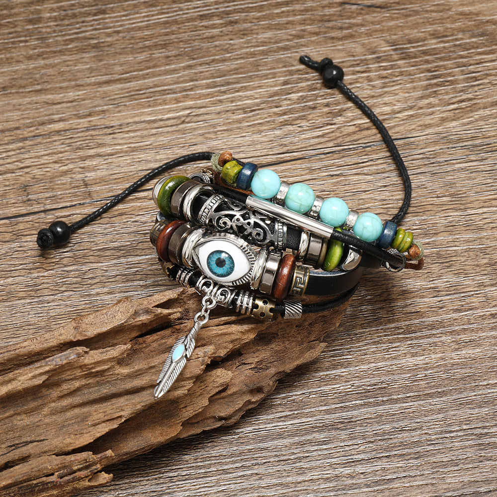Wholesale Woven Leather Beaded Bracelet With Alloy Feather Pendant Unisex Party Fashion Jewelry Accessory For Gift Giving