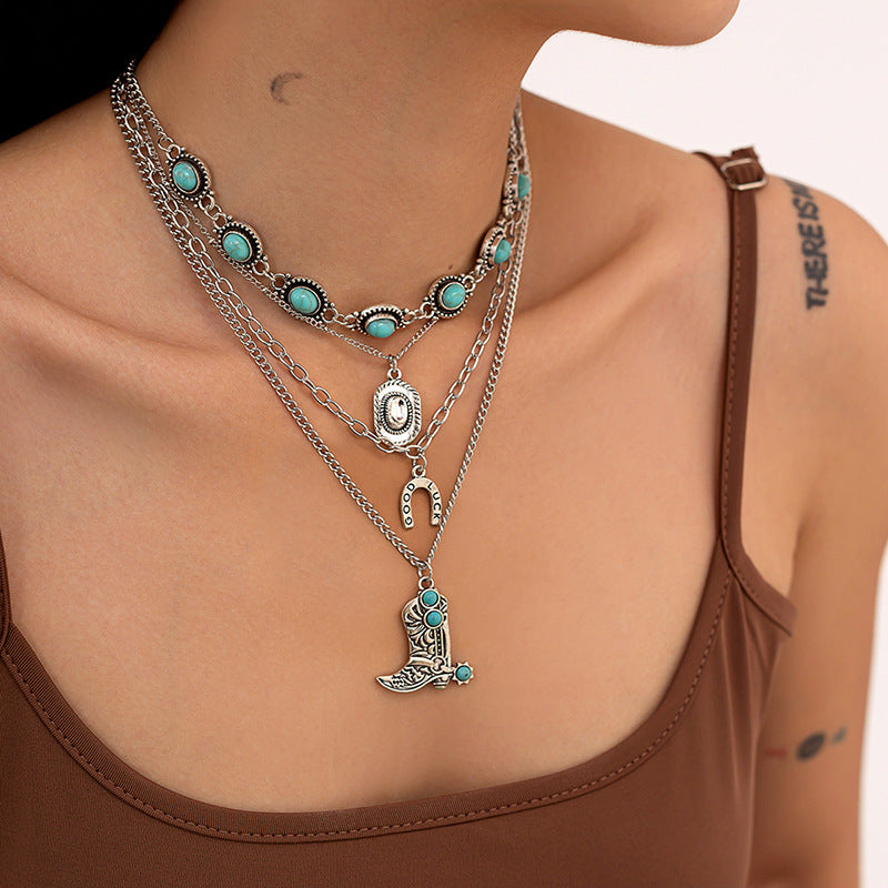 Wholesale 4-piece turquoise cowboy hat boots necklace