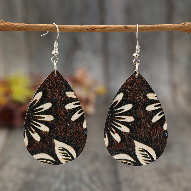 Wholesale Retro Water Drop Printed  Pendant Wooden Ladies Simple Earrings Earrings