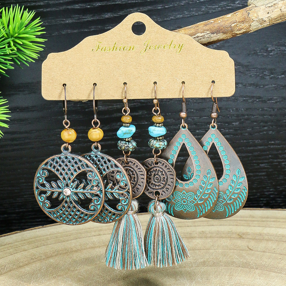 Wholesale Bohemian Style Turquoise Tassel Earrings Set 3 Pairs Fashion Jewelry Accessory