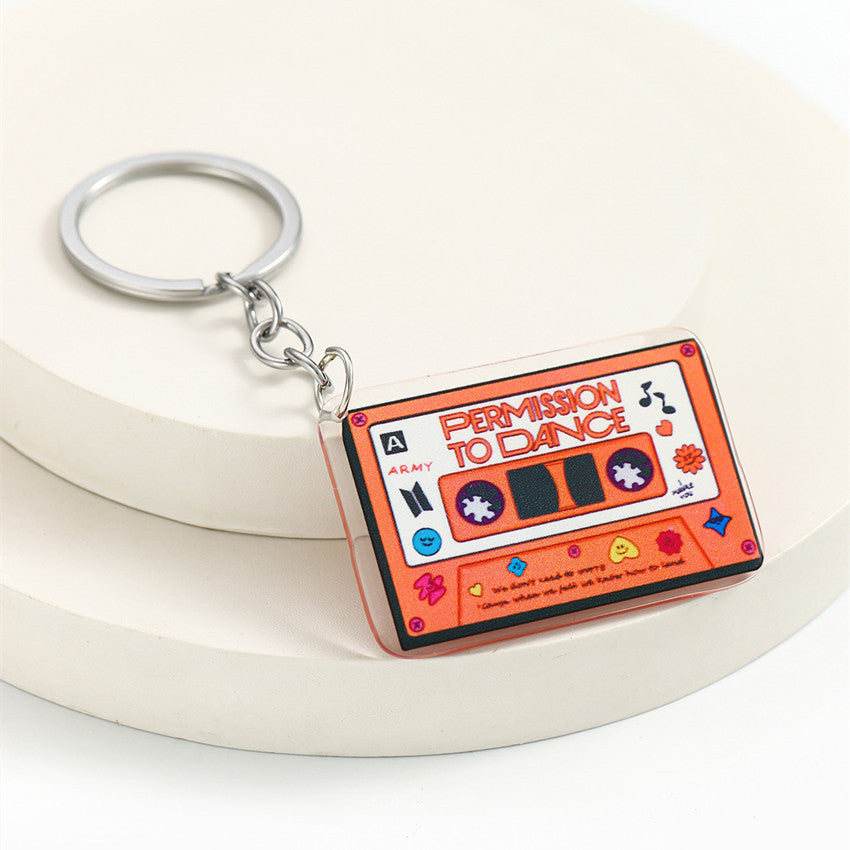 Wholesale Color Acrylic Tape Keychain Pendant Color Printing Retro Music English Keychain