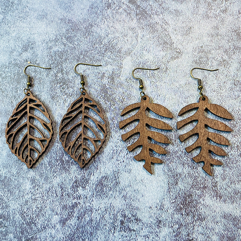 Wholesale  wooden earrings hollow cutting retro leaf shape earrings