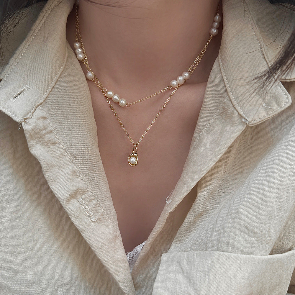 Wholesale Freshwater Pearl Necklace  All-Match Simple Double Layer Stacked Necklace
