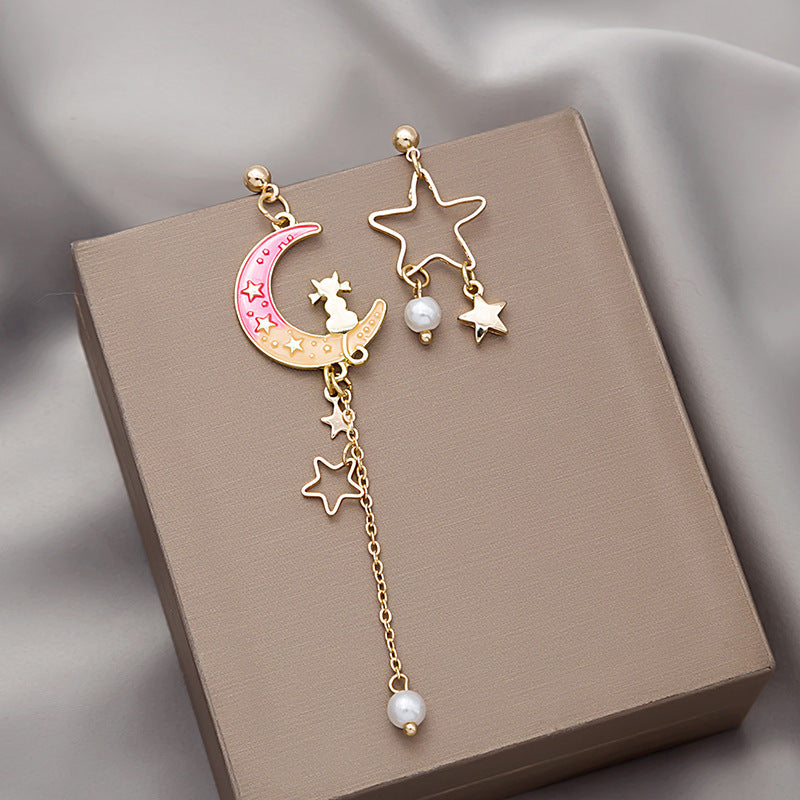 Wholesale Dripping Oil Gradient Asymmetric Cat Moon Star Long Tassel Earrings Fashion Jewelry Accessory Gift