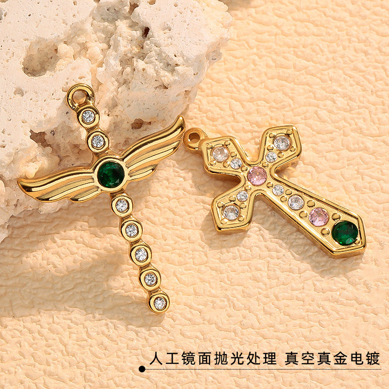 Wholesale Stainless steel gold-plated cross with diamond setting charms
