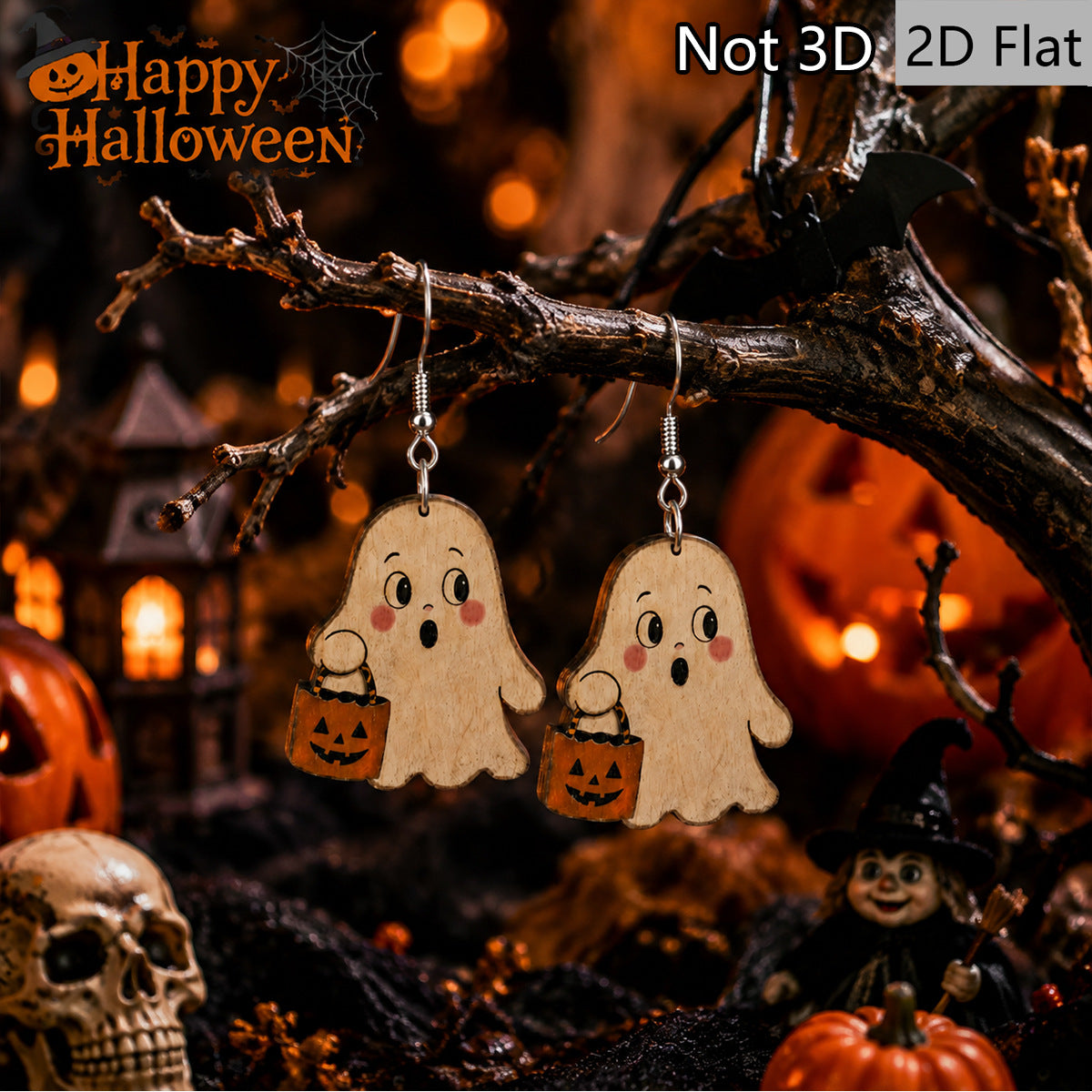 Wholesale Wooden  Earrings With Ghost Pumpkin Charms For Party Wear