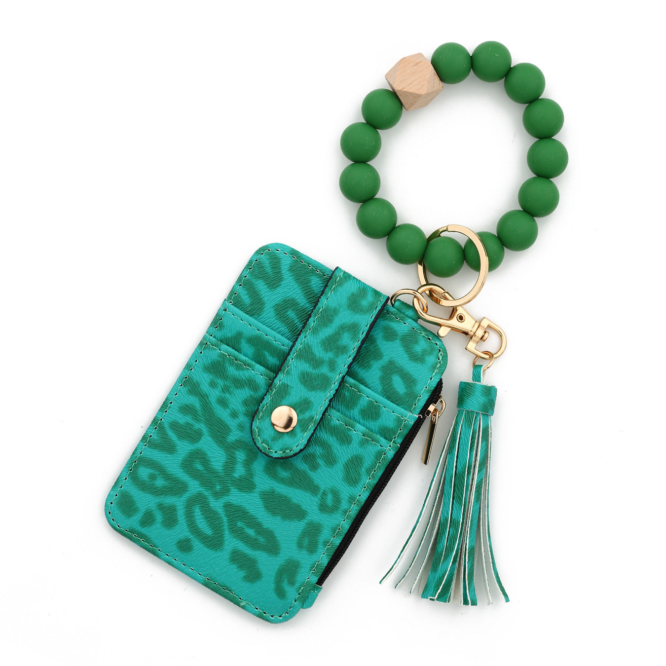 Wholesale PU leather and silicone bead bracelet leopard print wallet and keychain