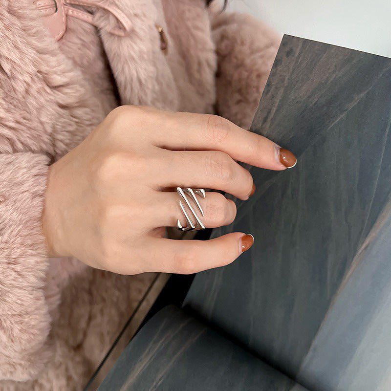 Wholesale multi-layer twill light luxury hollow line square design colorless open ring