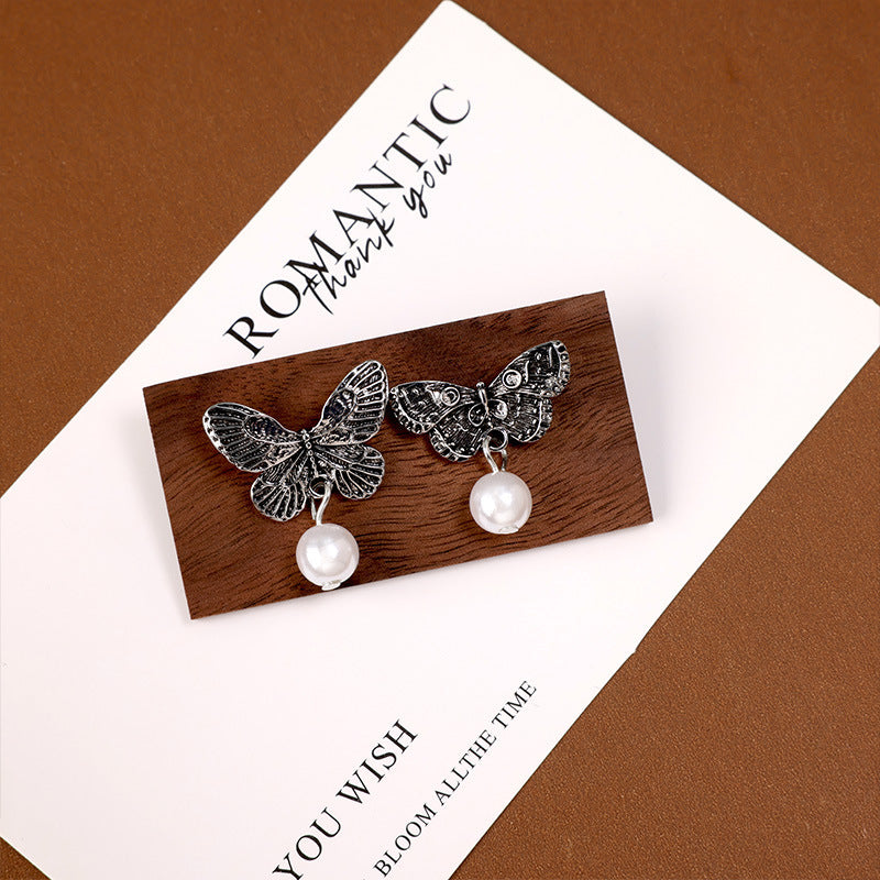 Wholesale Vintage Metallic Asymmetric Butterfly Pearl 925 Silver Needle Earrings ACC-ES-ZhiShifang005