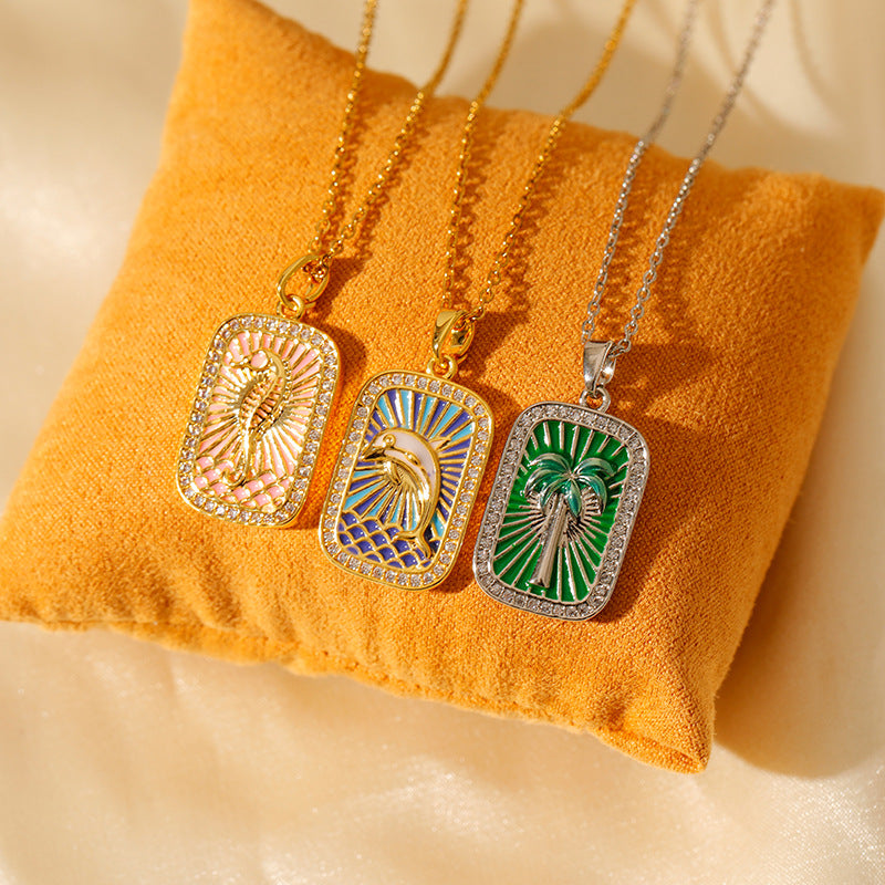 Wholesale Stainless steel Color Tarot Necklace Square Zirconium Pendant  Dolphin Brown Tree Marine  Clavicle Chain