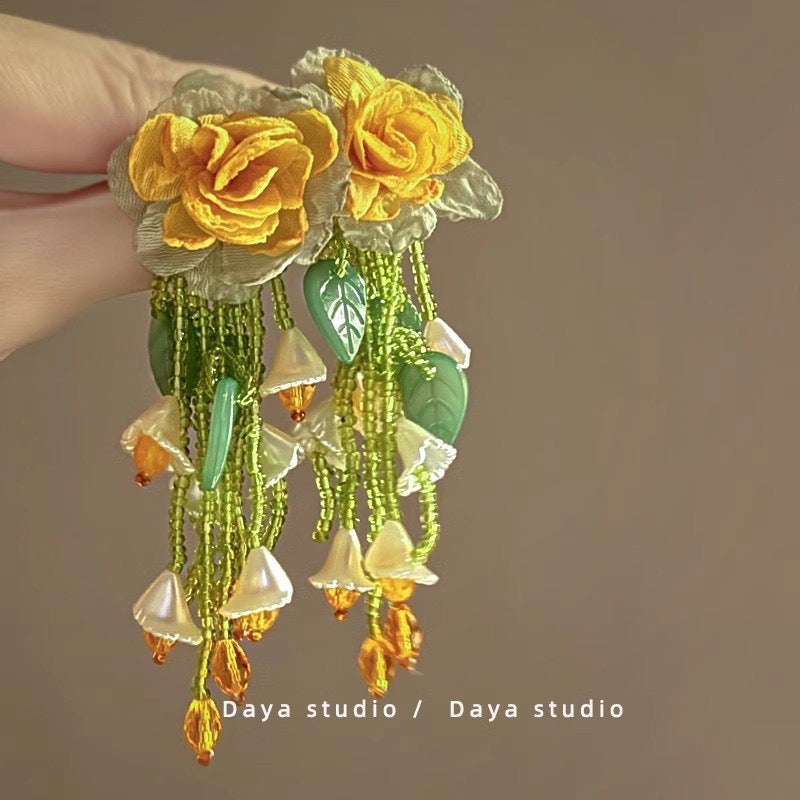 Wholesale Blue Retro Glaze Rose Flower Zircon Earrings