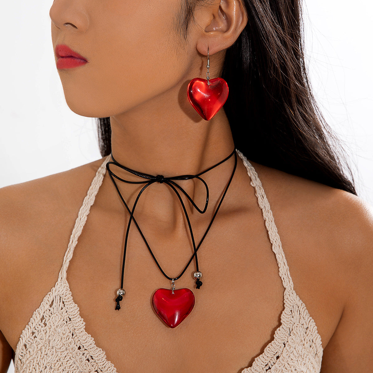 Wholesale Resin Peach Heart Earrings Necklace Red Love Heart Jewelry Set  ACC-NE-YongGe019