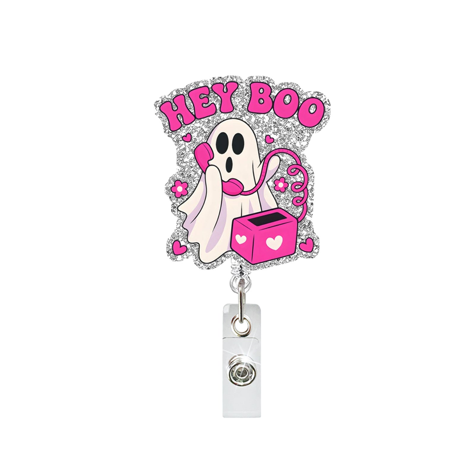 Wholesale Acrylic Pink Ghost Retractable Badge Holder  ID Badge Reel Fashion Accessory