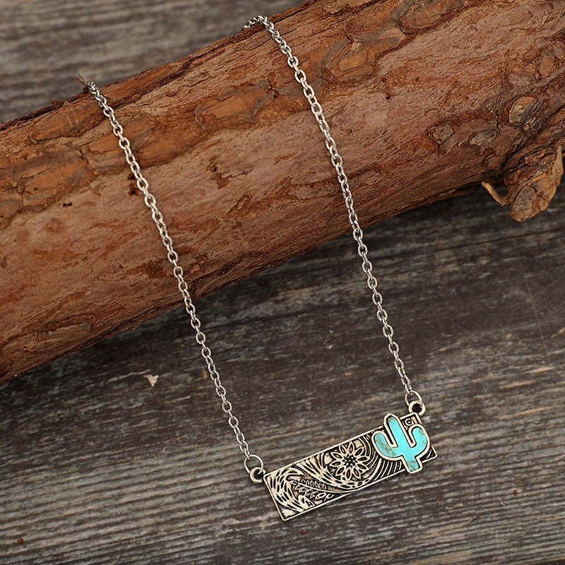 Wholesale Vintage square turquoise cactus lightning cross cowboy boots necklace