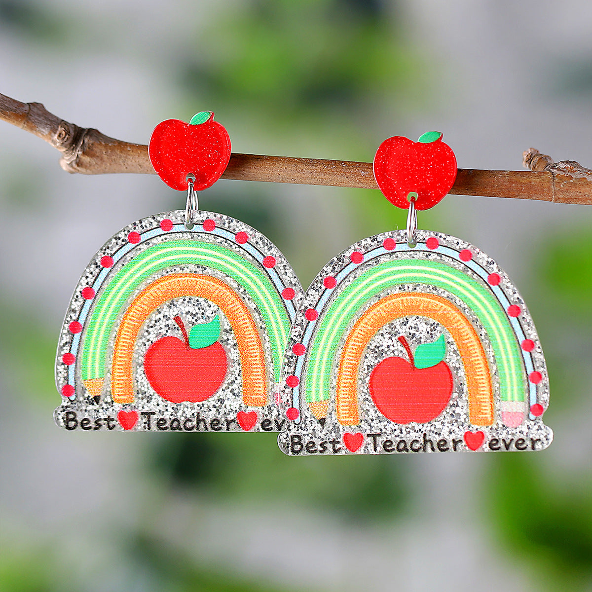 Wholesale Sequin Apple Book Ruler Rainbow Pendant Acrylic Earrings