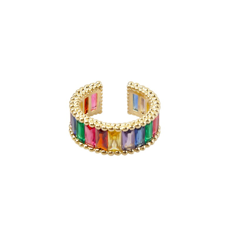 Wholesale Stylish Rainbow Zirconia Open Adjustable Ring Gold Tone Copper Electroplated For Unisex Fashion Jewelry Accessory