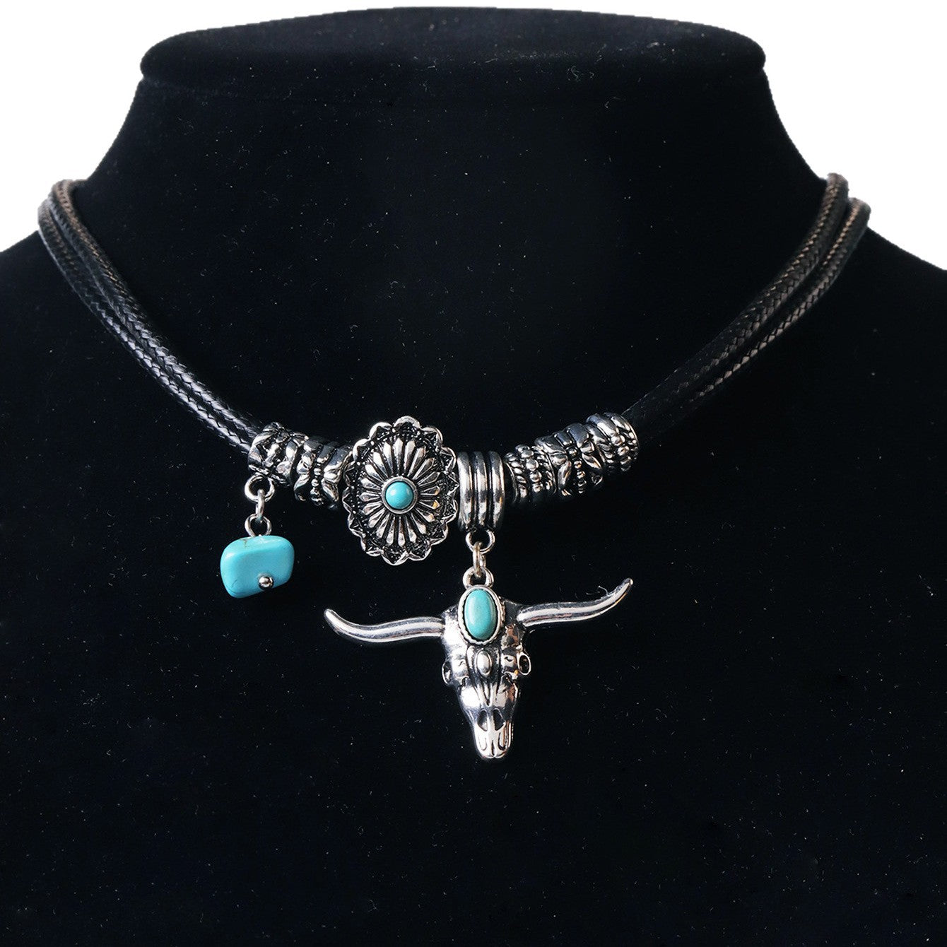 Wholesale Retro Woven Rope Necklace With Alloy Pendant And Turquoise Inlay Unique Gift Jewelry Accessory