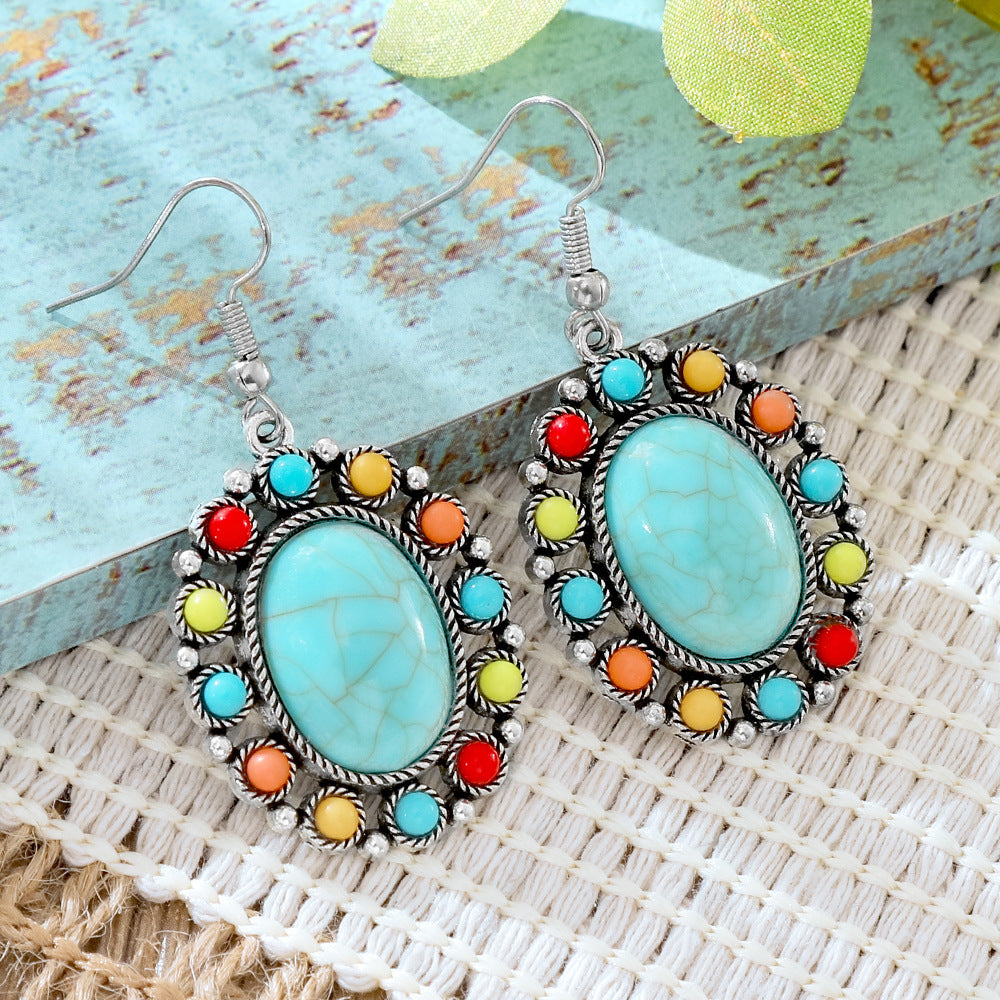 Wholesale Alloy Retro Ethnic Turquoise Bohemian Geometric Oil Drip Earrings Jewelry Accessory
