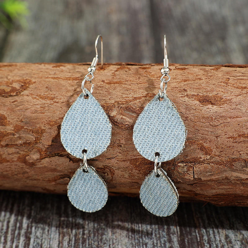 Wholesale Retro Teardrop Double-Layer Denim Print Leather Earrings Fashion Accessory Gift for Women