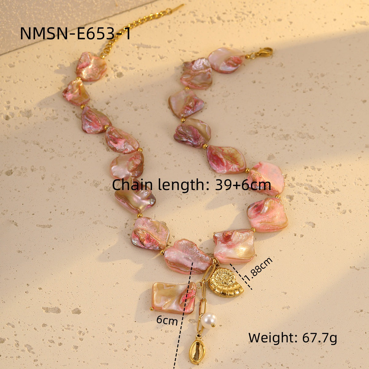 Wholesale beach style pink shell beaded stainless steel conch pearl pendant clavicle chain