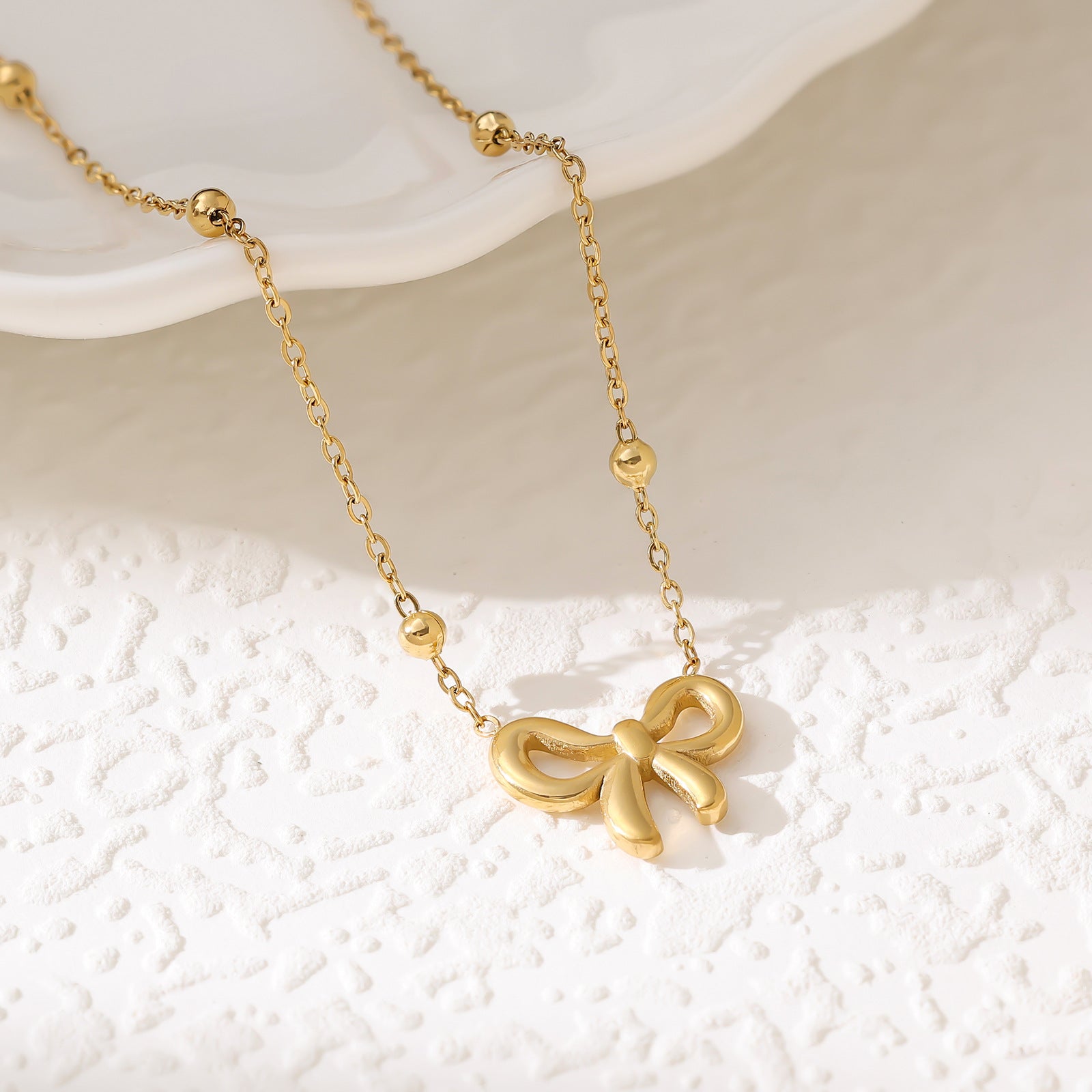 Wholesale Bow Ball Bead Titanium Steel Bracelet Necklace Earring Set Women' s Fashionable Temperament Versatile