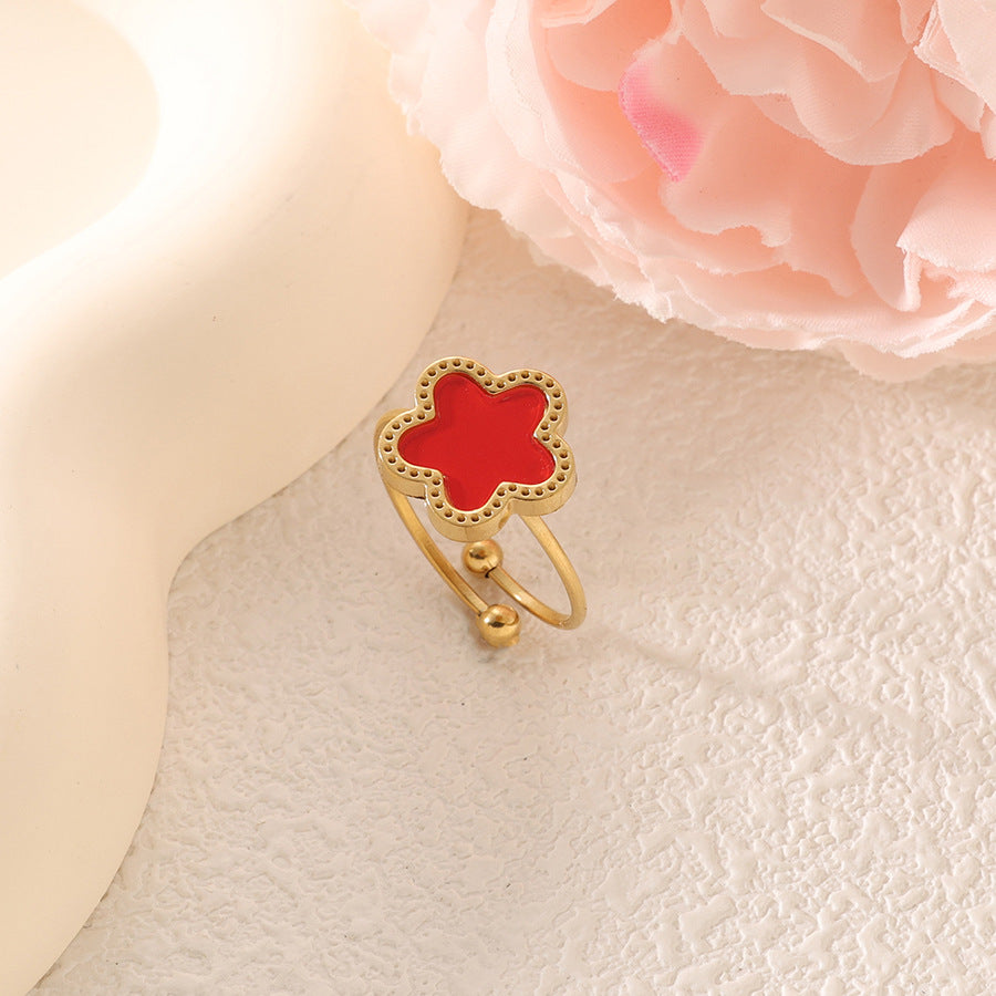 Wholesale Titanium Steel Five-Leaf Flower Mother-Of-Pearl Ring Women' s Fashionable Versatile Adjustable Open Stainless Steel Ring