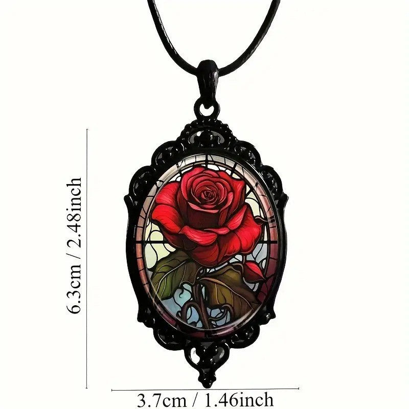 Wholesale Vintage Oval Glass Pendant Necklace with Red in Black Frame - Jewelry Accessory for Resale