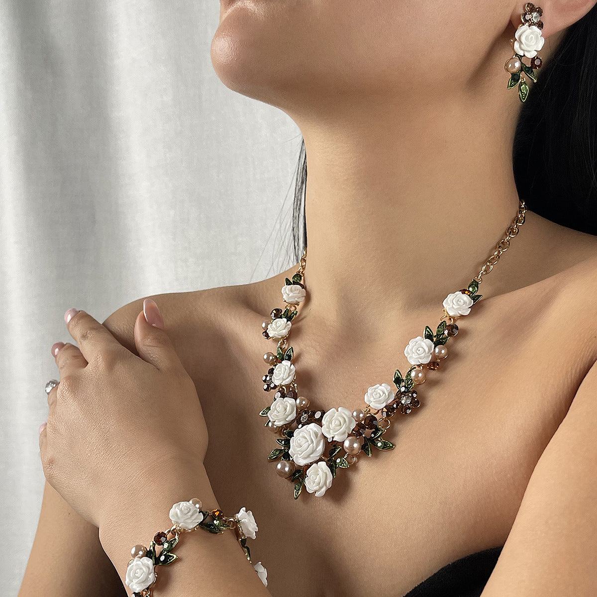 Wholesale  Oil Dropping Flower Pearl Necklace Earrings Bracelet  Accessories