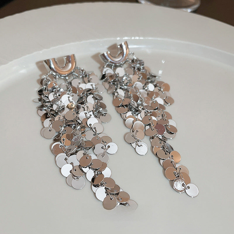 Wholesale Silver Needle U-Shaped Cluster Sequin Long Tassel Earrings