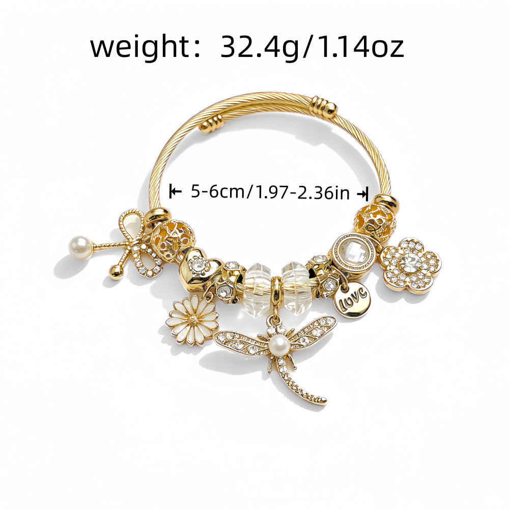 Wholesale Pastoral Gold Open Cuff Bangle With Dragonfly Bee Bow Pearl Charm Stainless Steel Women S Fashion Jewelry Accessory Boutique Resale Gift