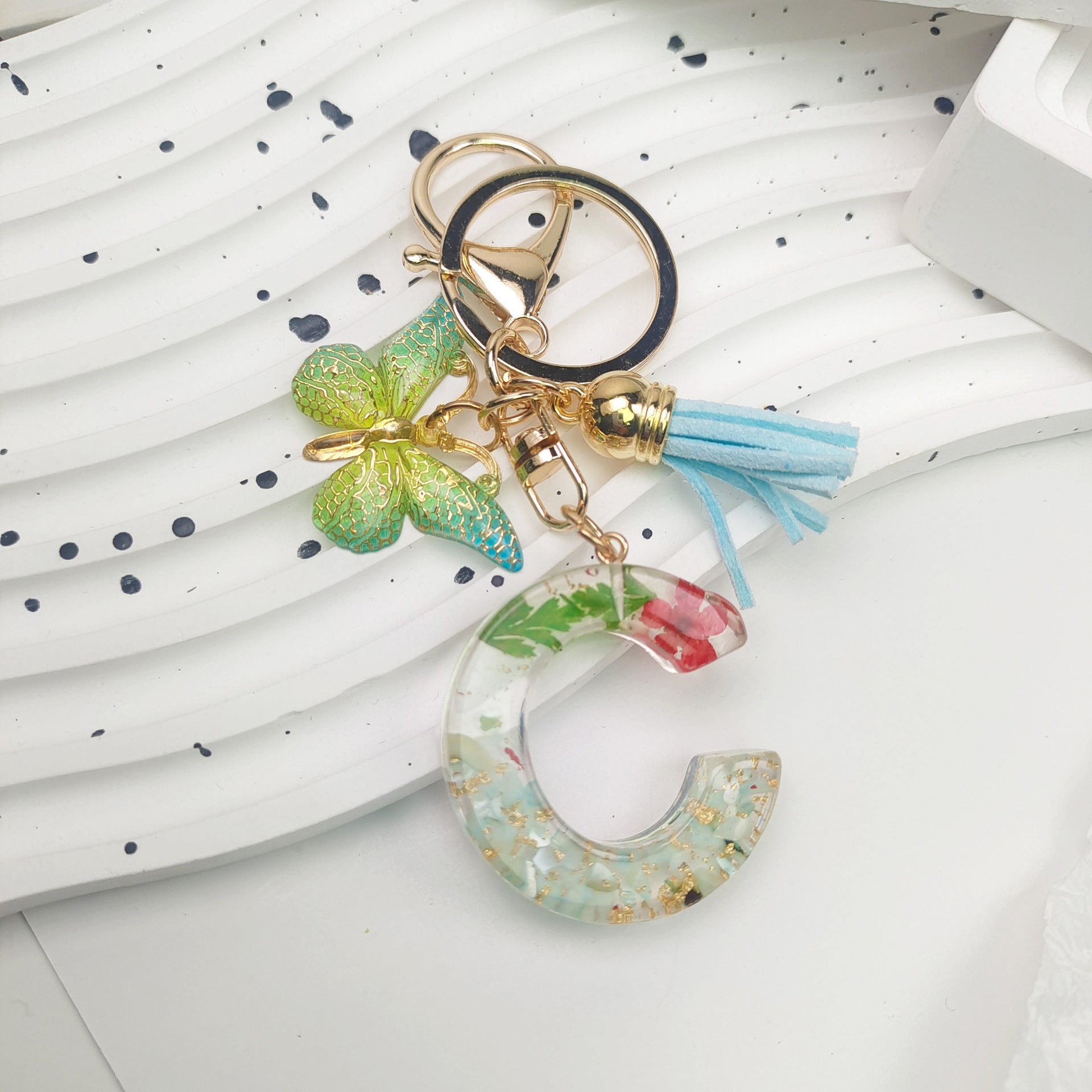 Wholesale Green English Letter Dried Flower Keychains Butterfly Tassel Keychain ACC-KC-Jiay002