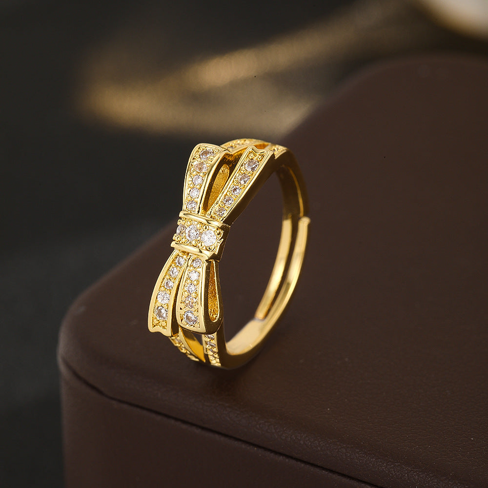 Wholesale Gold Plated Copper Zirconia Bow Ring Adjustable Open Design Fashion Jewelry Accessory For Everyday Wear