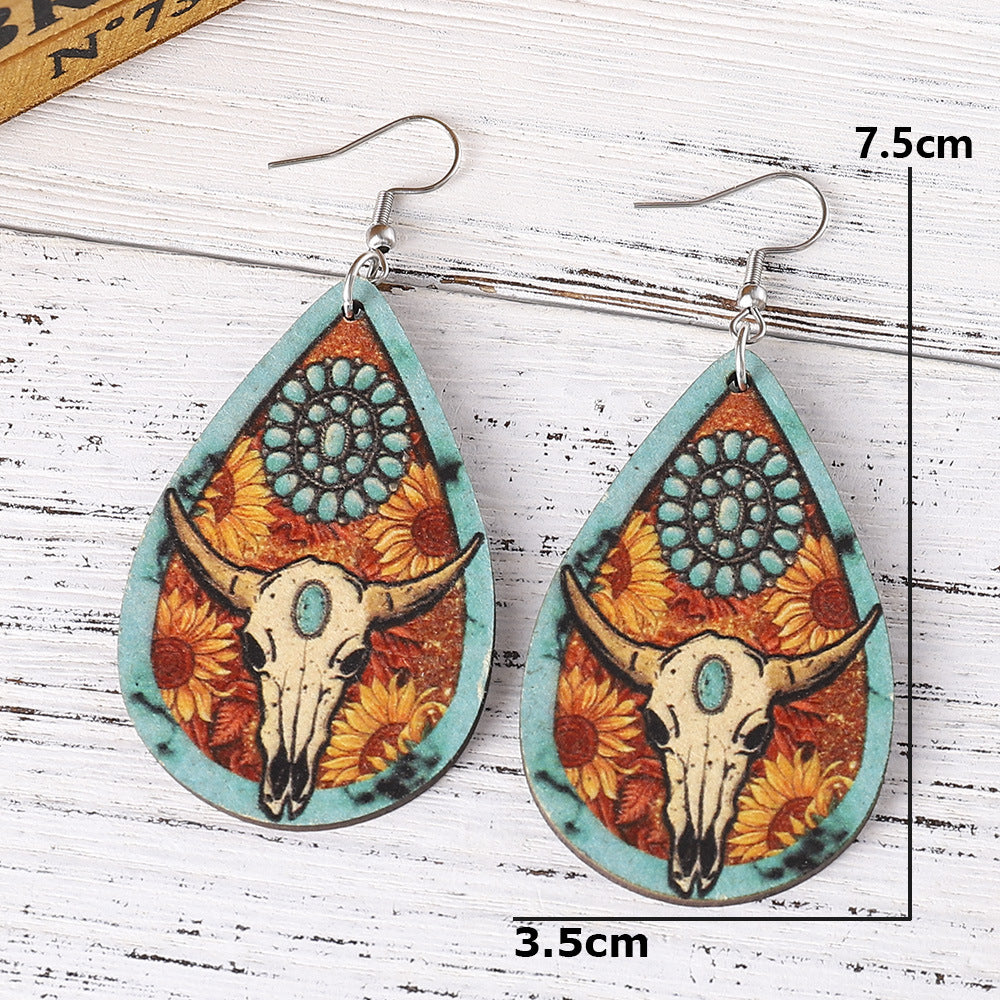 Wholesale  Western Style Turquoise Sunflower Flower Cattle Head Earrings