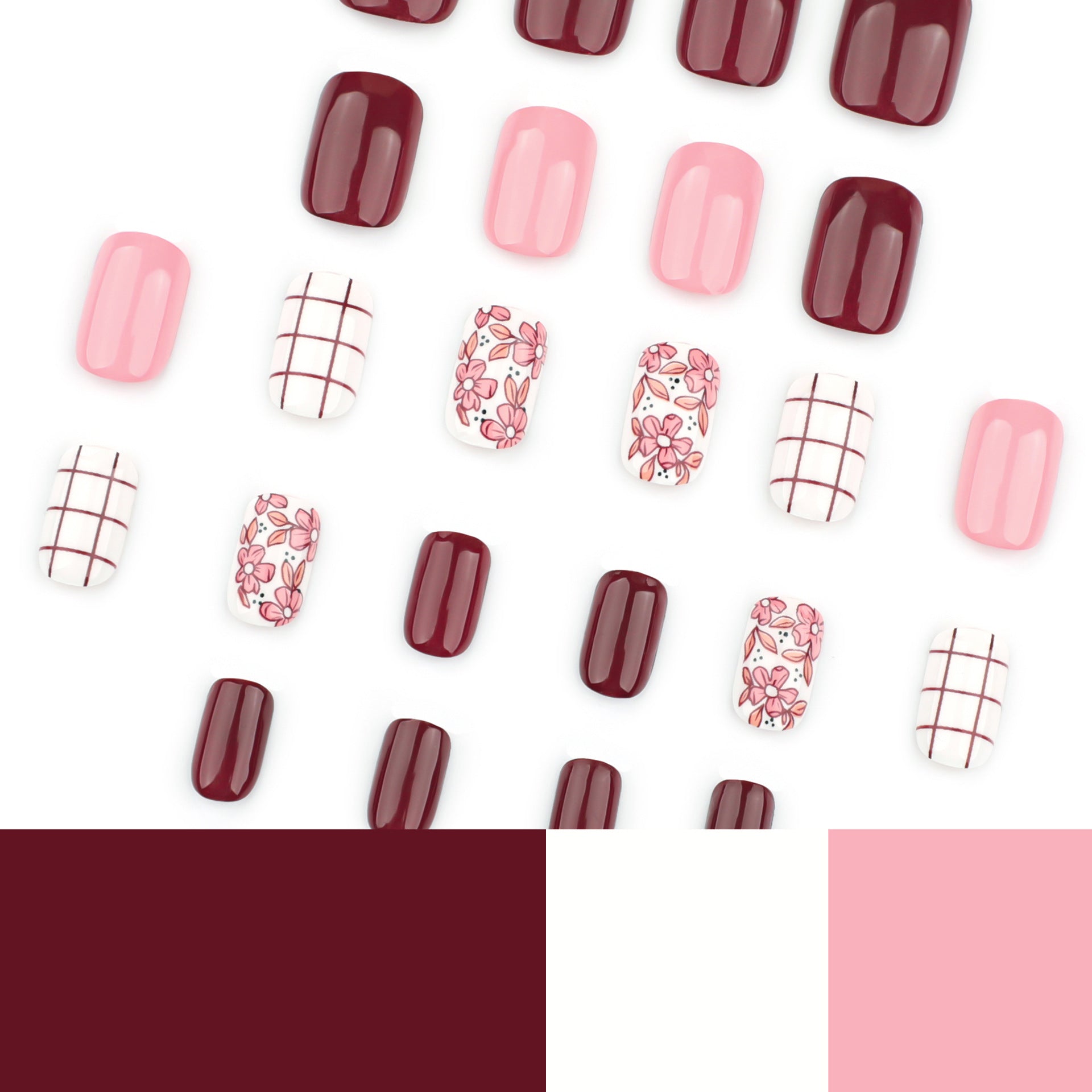 Wholesale 24 Pieces/box Plaid Flower Nails Kits Nail Stickers