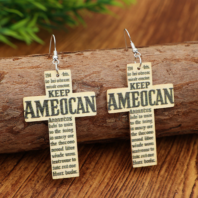 Wholesale Wooden Letter Printed Cross Earrings