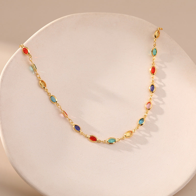 Wholesale Bohemian style colored glass Diamond clavicle chain plated 18K real gold chain