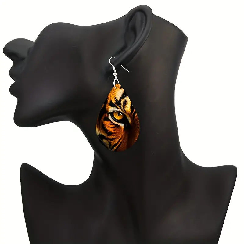 Wholesale  Fierce Tiger Double Sided Pattern Wooden Earrings