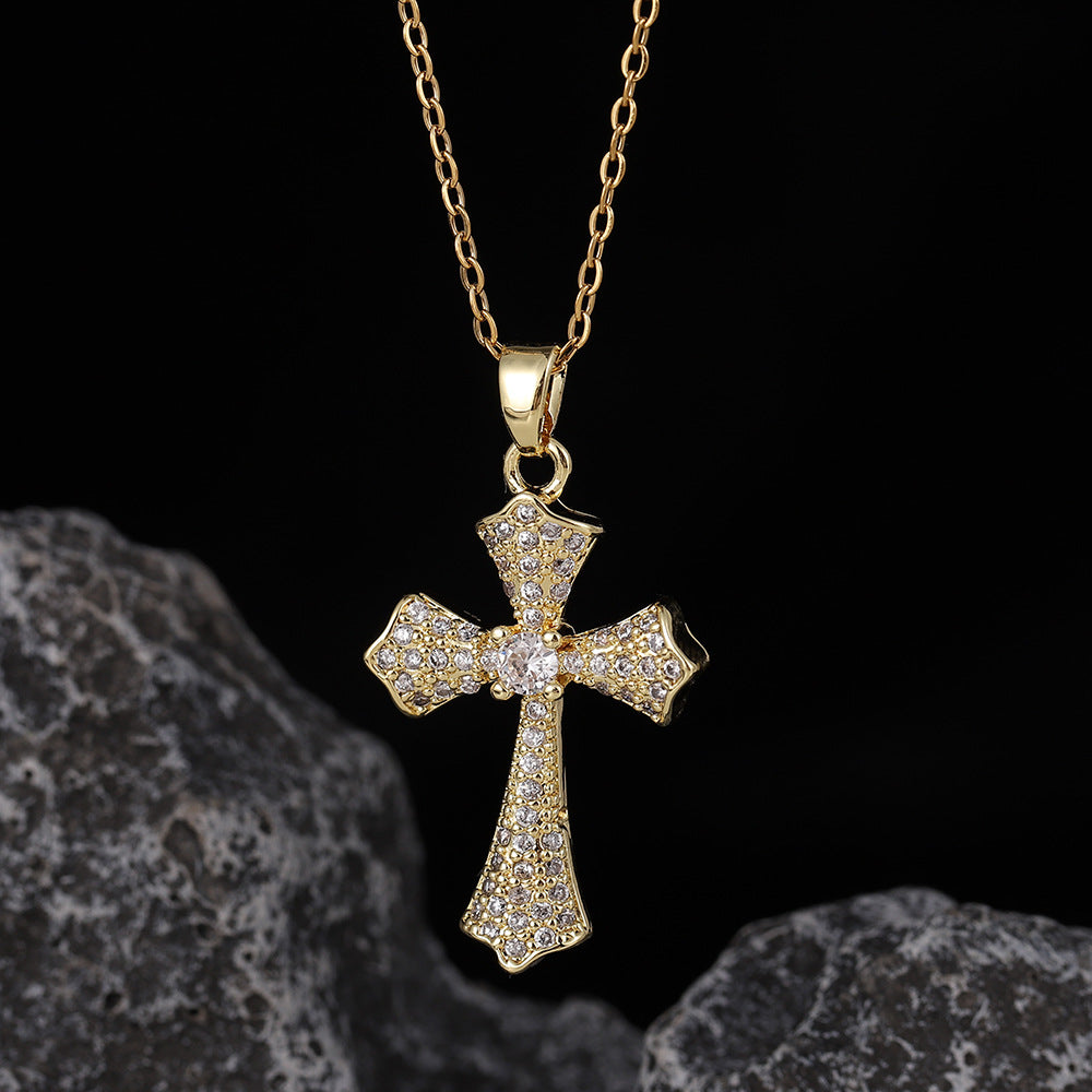 Wholesale Stylish Cross Pendant Necklace For Women Gold Plated Copper With Zircon Fashion Accessory Gift