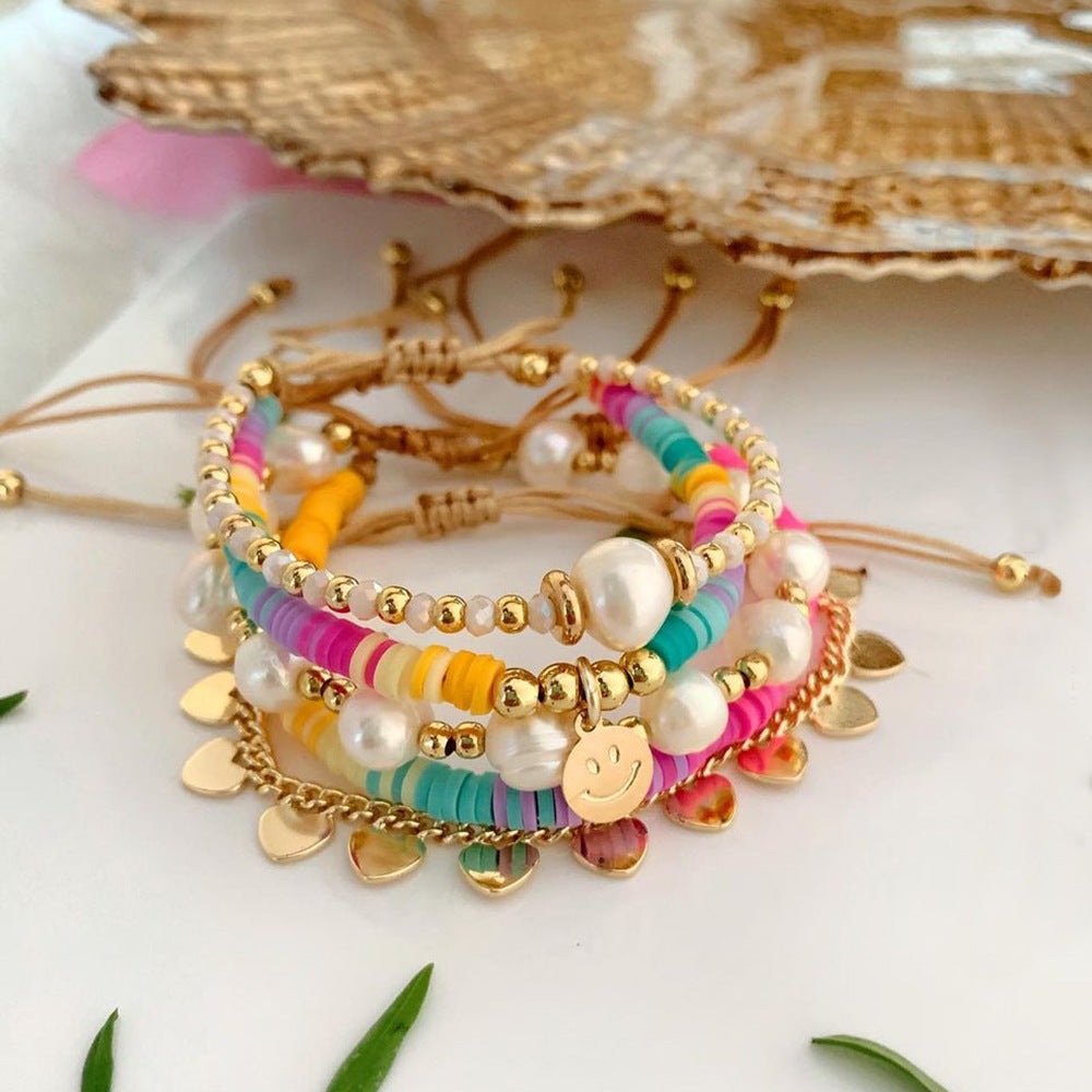 Wholesale Multi-Layered Set Rainbow Polymer Clay Smiley Beaded Pearl Bracelet Layered Bracelet Set ACC-BT-Qiqi018