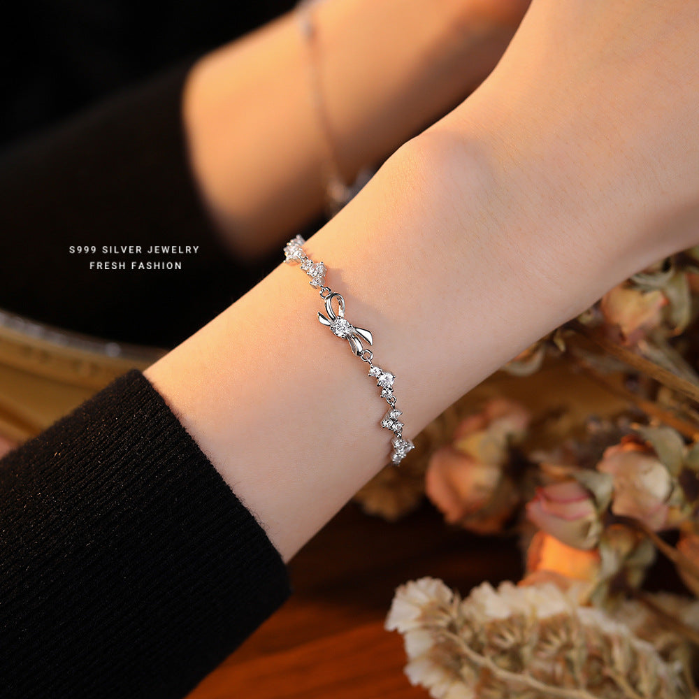 Wholesale s999 Silver Shiny Zircon Bow Bracelet Light Luxury Jewelry Bracelet