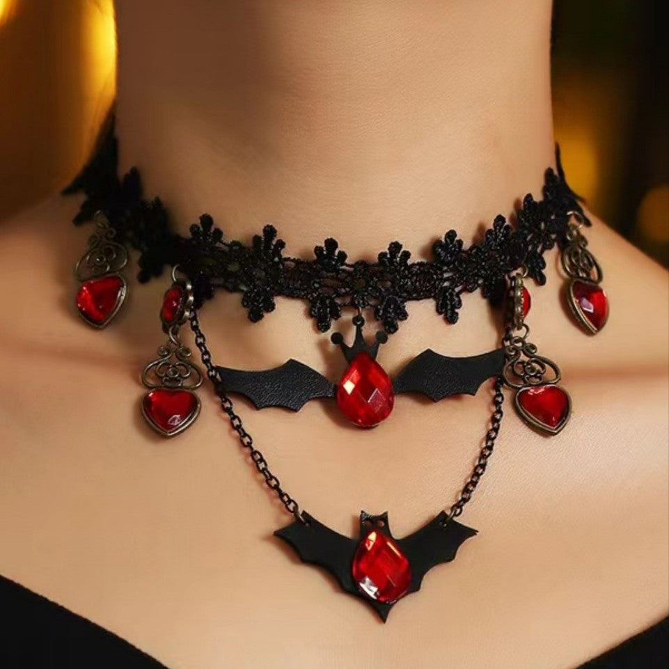 Wholesale  Blood Drop Lace Black Bat Heart-Shaped Diamond Tassel  Retro Necklace