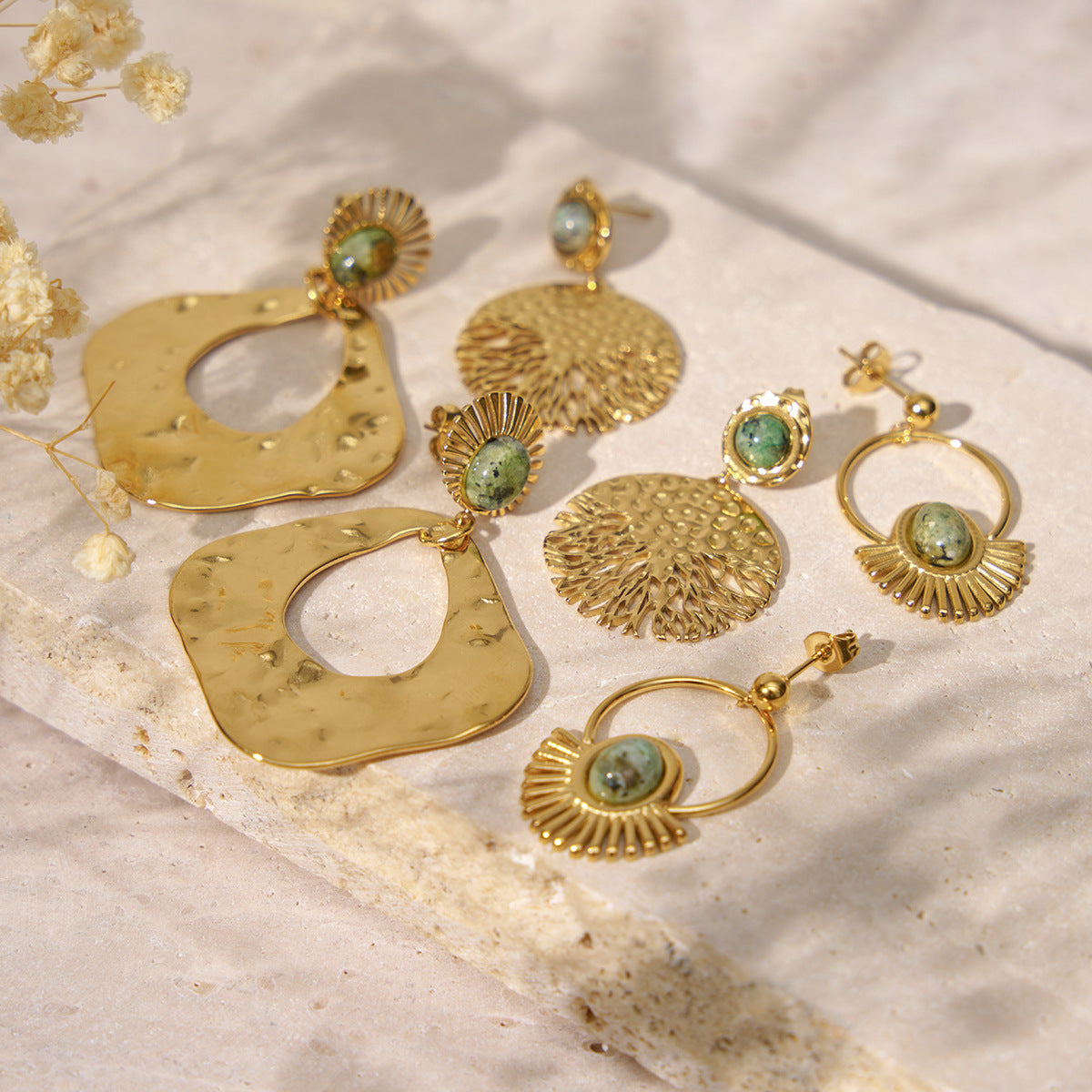 Wholesale Bohemian Retro Hammer Pattern Natural Stone Stainless Steel Earrings