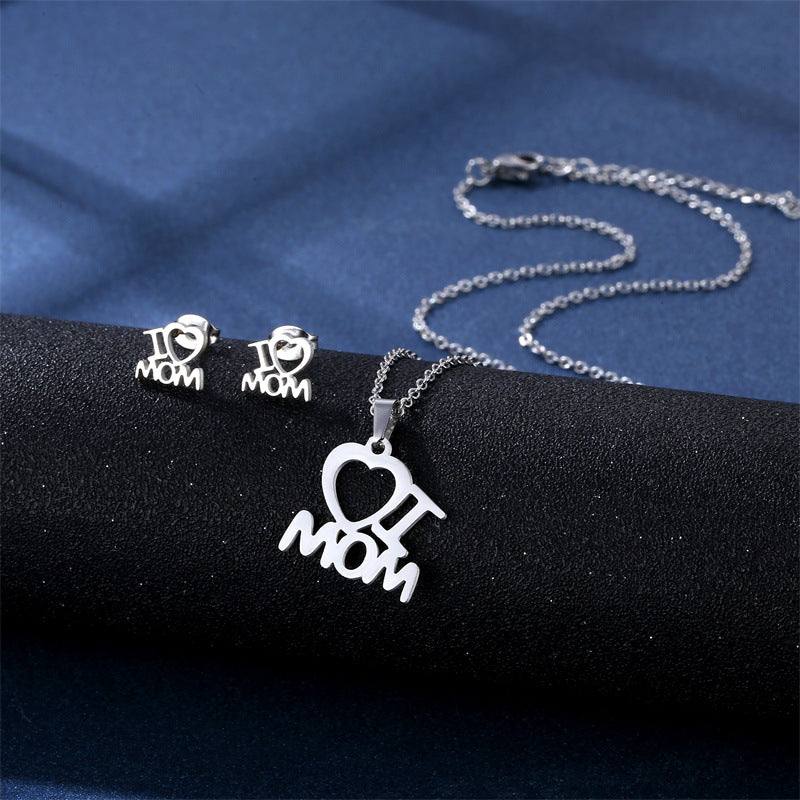 Wholesale I Love MAMA Mother's Day Stainless Steel Earrings Necklace Set ACC-ES-MinM012