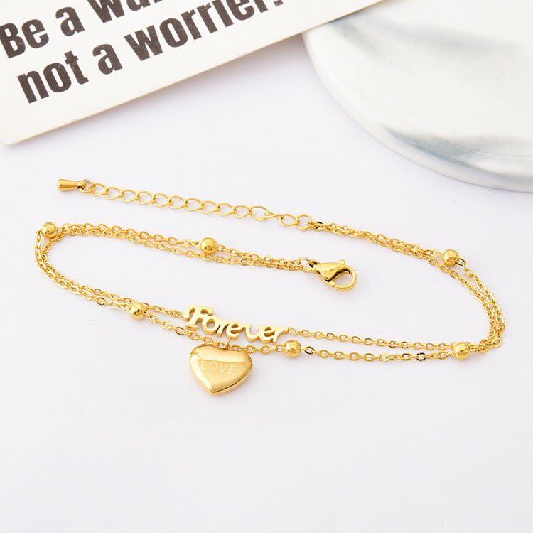 Wholesale Titanium Steel elegant double-layer letter anklet heart-shaped pendant beach anklet