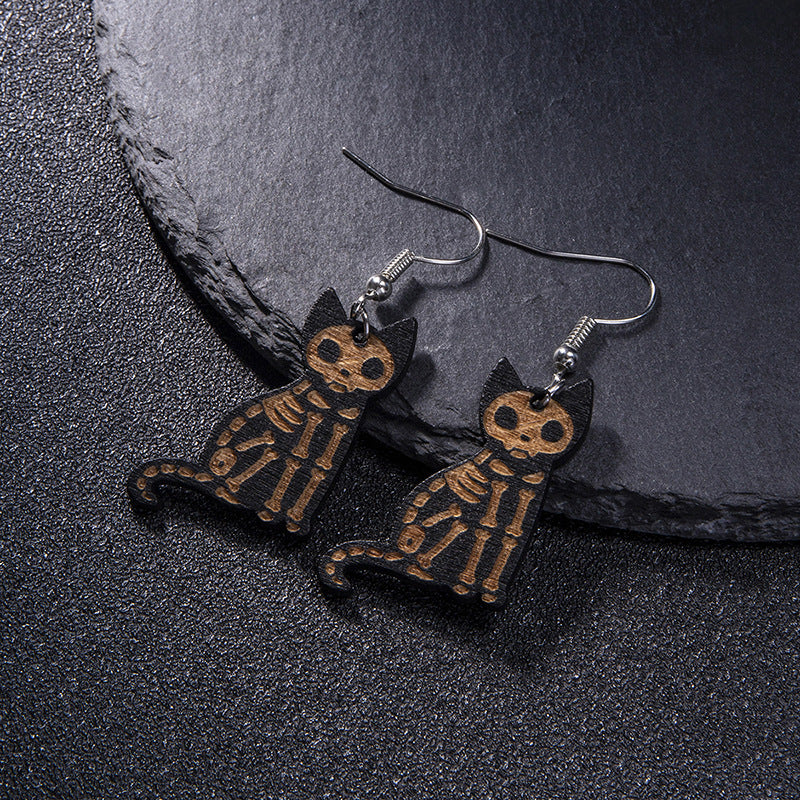 Wholesale Halloween Black Cat Skull Cat Wood Earrings ACC-ES-FuSu012