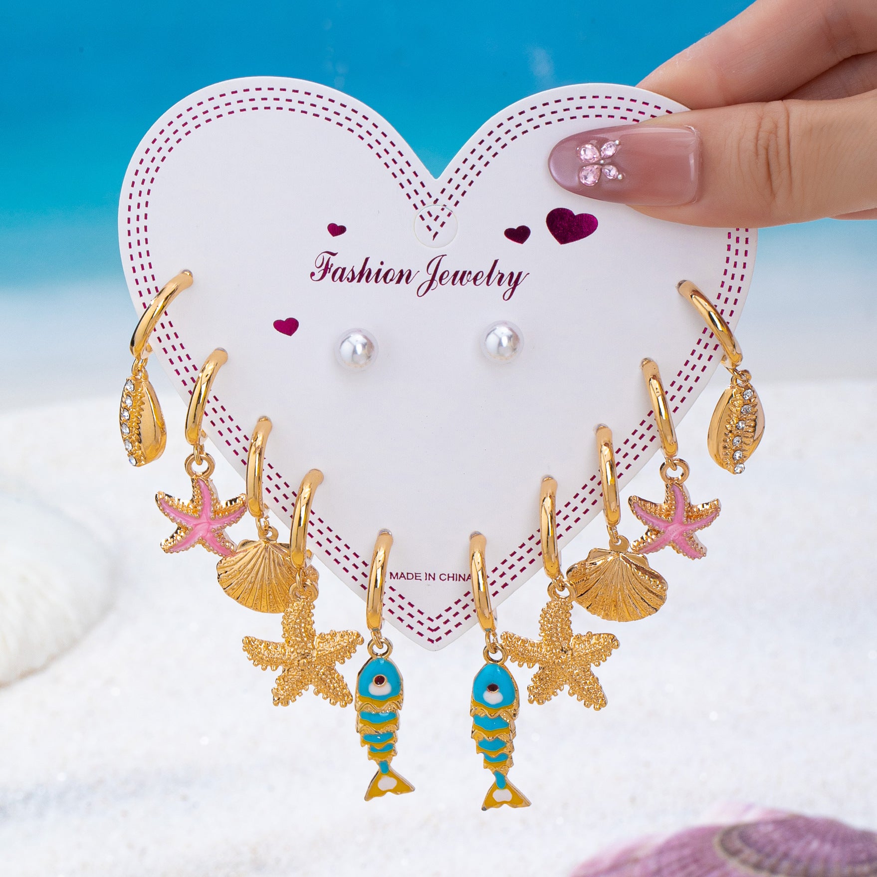 Wholesale Zinc Alloy Ocean Starfish Shell Earrings Set 6 Pairs Stylish Beach Vacation Jewelry Accessory Boutique Resale Gift