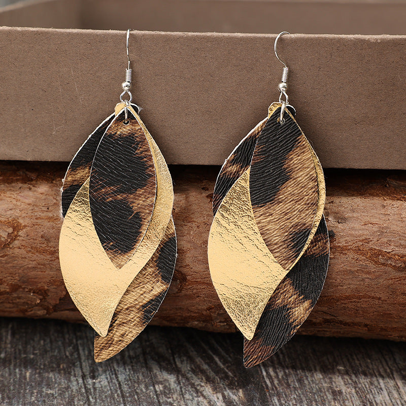 Wholesale Retro style three-layer PU leather leopard print earrings